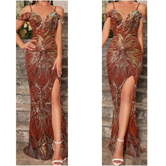 Luxe Rust Sequin Cold Shoulder Party Evening Wedding Prom Dress - Picture 2 of 13